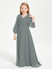 Long Sleeves Modest Junior Bridesmaid Dresses Steel Grey