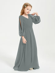 Long Sleeves Modest Junior Bridesmaid Dresses Steel Grey