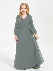 Long Sleeves Modest Junior Bridesmaid Dresses Steel Grey