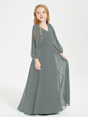 Long Sleeves Modest Junior Bridesmaid Dresses Steel Grey