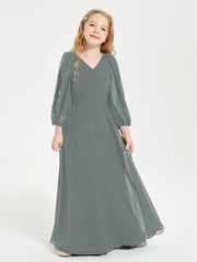 Long Sleeves Modest Junior Bridesmaid Dresses Steel Grey