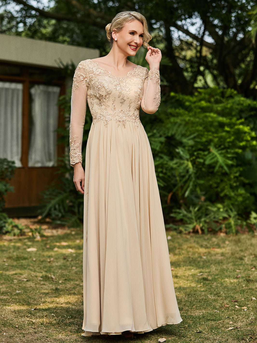 BABARONI Chiffon Champagne Mother of the Bride Dresses A-line V-neck
