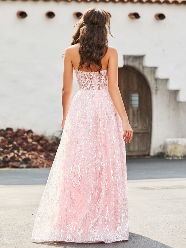 Sweetheart Floor-length Sequins Long Tulle Prom Dresses, PD0792