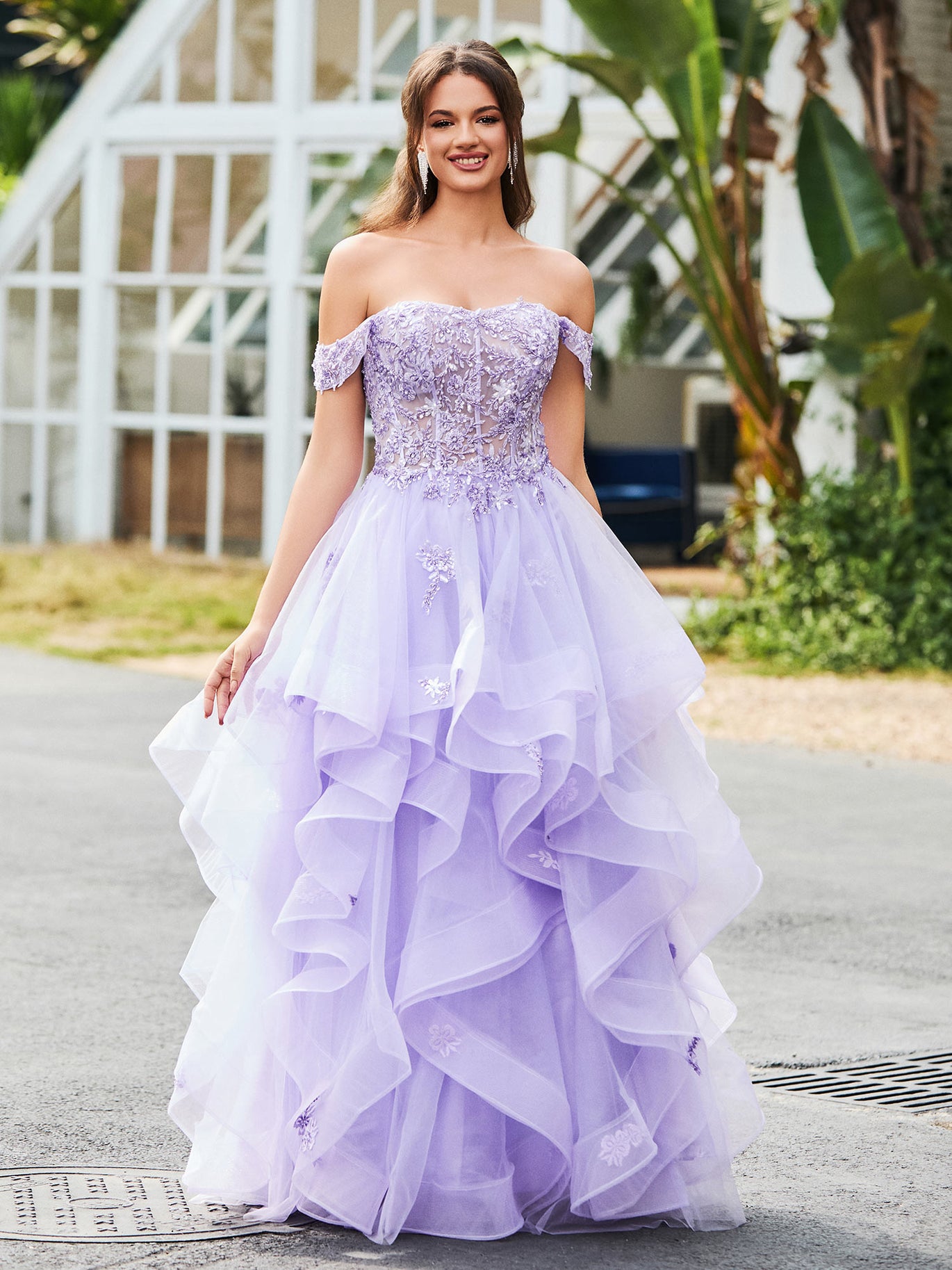 BABARONI 2025 Off-the-shoulder Tulle Prom Dress with Floral Appliqued Lace Tahiti