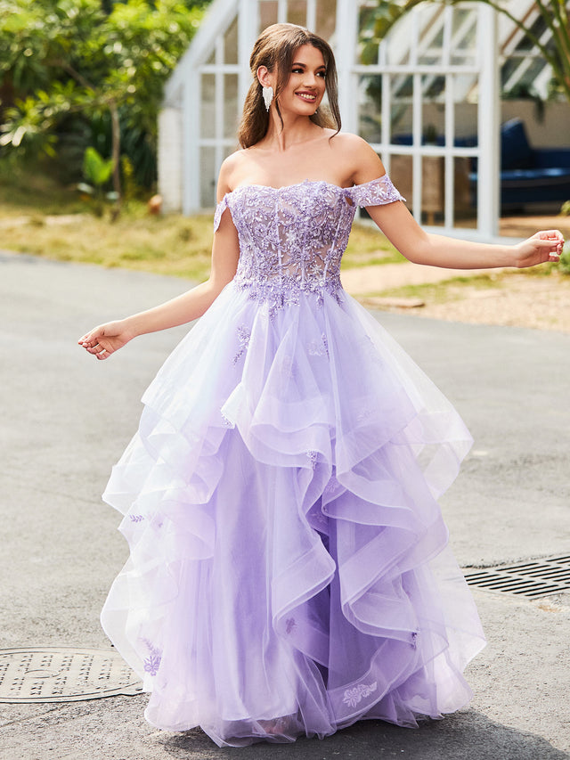 Vintage Ball Gown Off The Shoulder Tulle Lilac Prom Dresses Long Sleeves Evening Dress main image 1