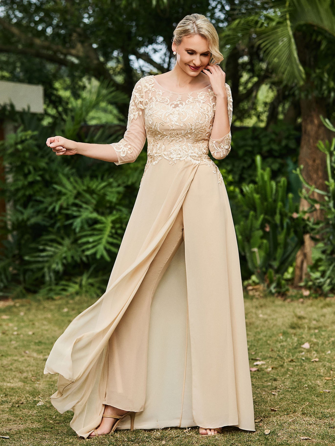 BABARONI Chiffon Mother of the Bride Dress with Illusion Neckline Lace Appliqued Jumpsuit
