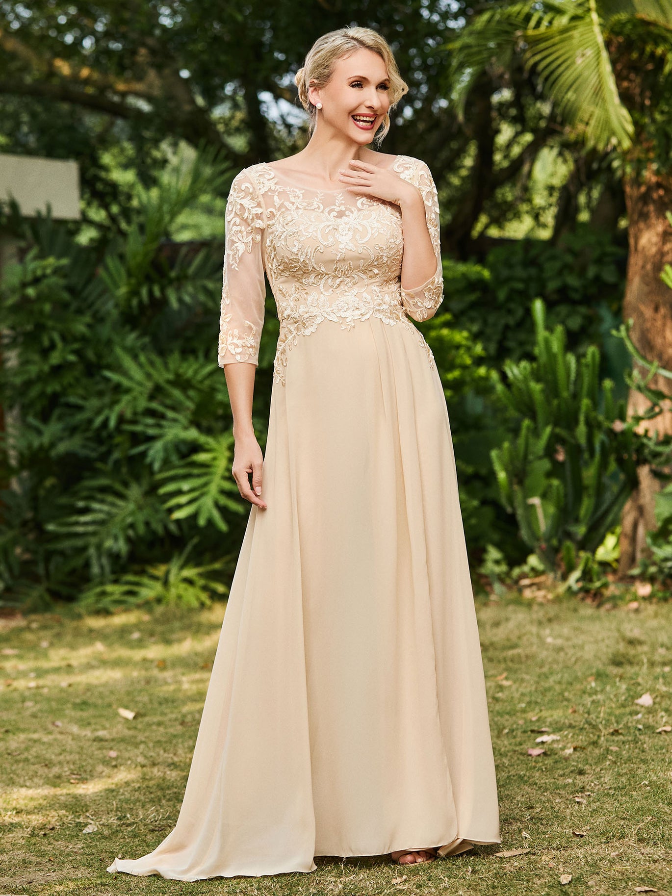 BABARONI Chiffon Mother of the Bride Dress with Illusion Neckline Lace Appliqued Jumpsuit