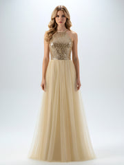 Sequins and Tulle Halter Long Dress Champagne
