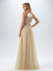 Sequins and Tulle Halter Long Dress Champagne
