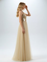 Sequins and Tulle Halter Long Dress Champagne