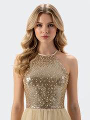 Sequins and Tulle Halter Long Dress Champagne