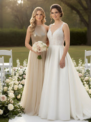 Sequins and Tulle Halter Long Dress Champagne