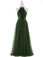Sequins and Tulle Halter Long Dress Olive Green Plus Size