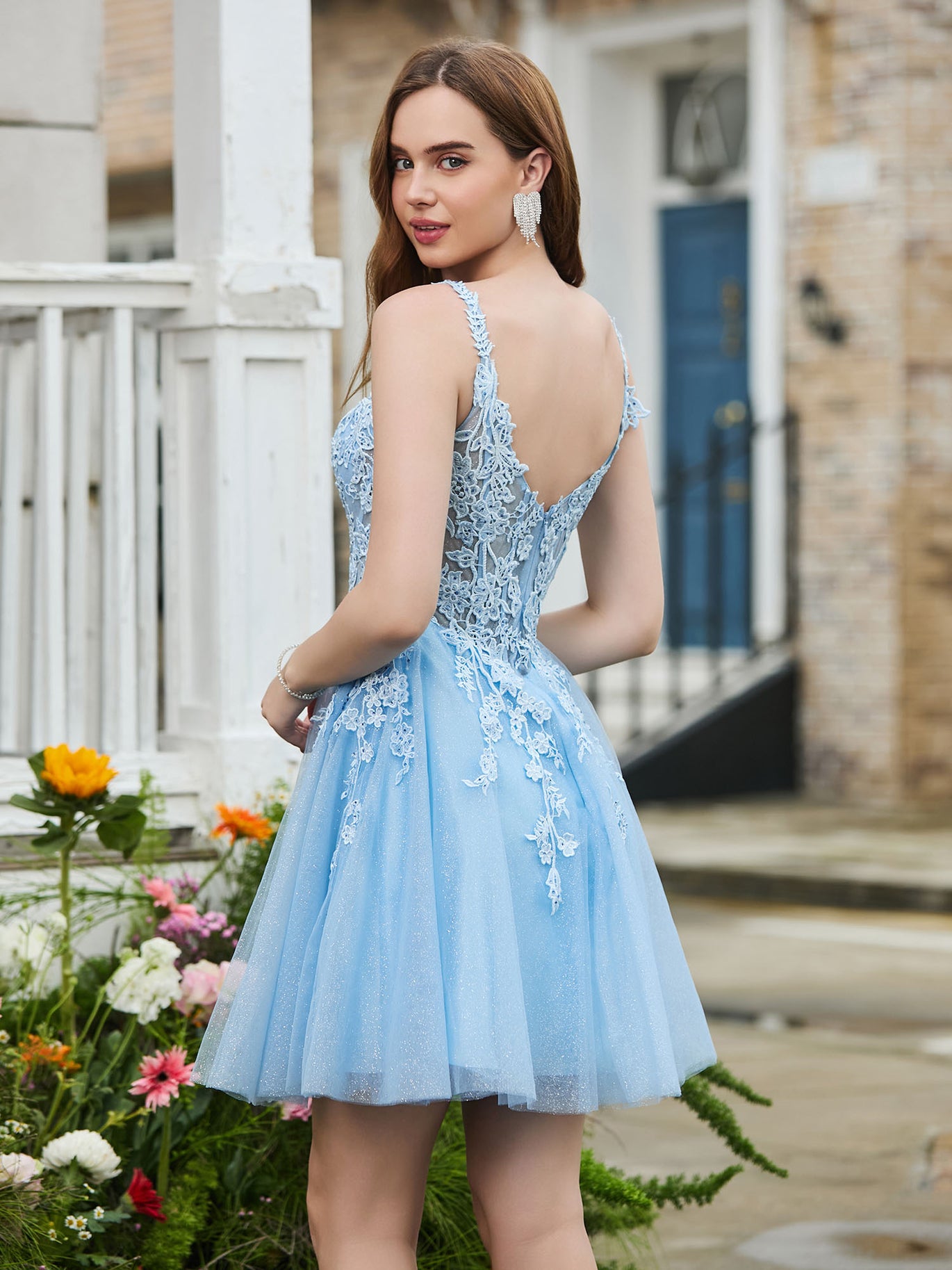 Appliqued Corset Top Short Glitter Prom Dress Sky Blue – BABARONI