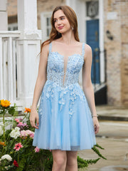 Appliqued Corset Top Short Glitter Prom Dress Sky Blue