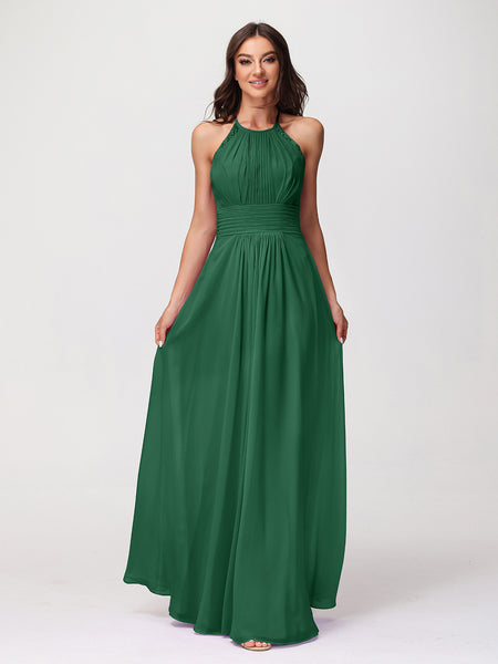 BABARONI Halter Chiffon Long Gown With Lace Strap Dark Green, Dark Green / US0