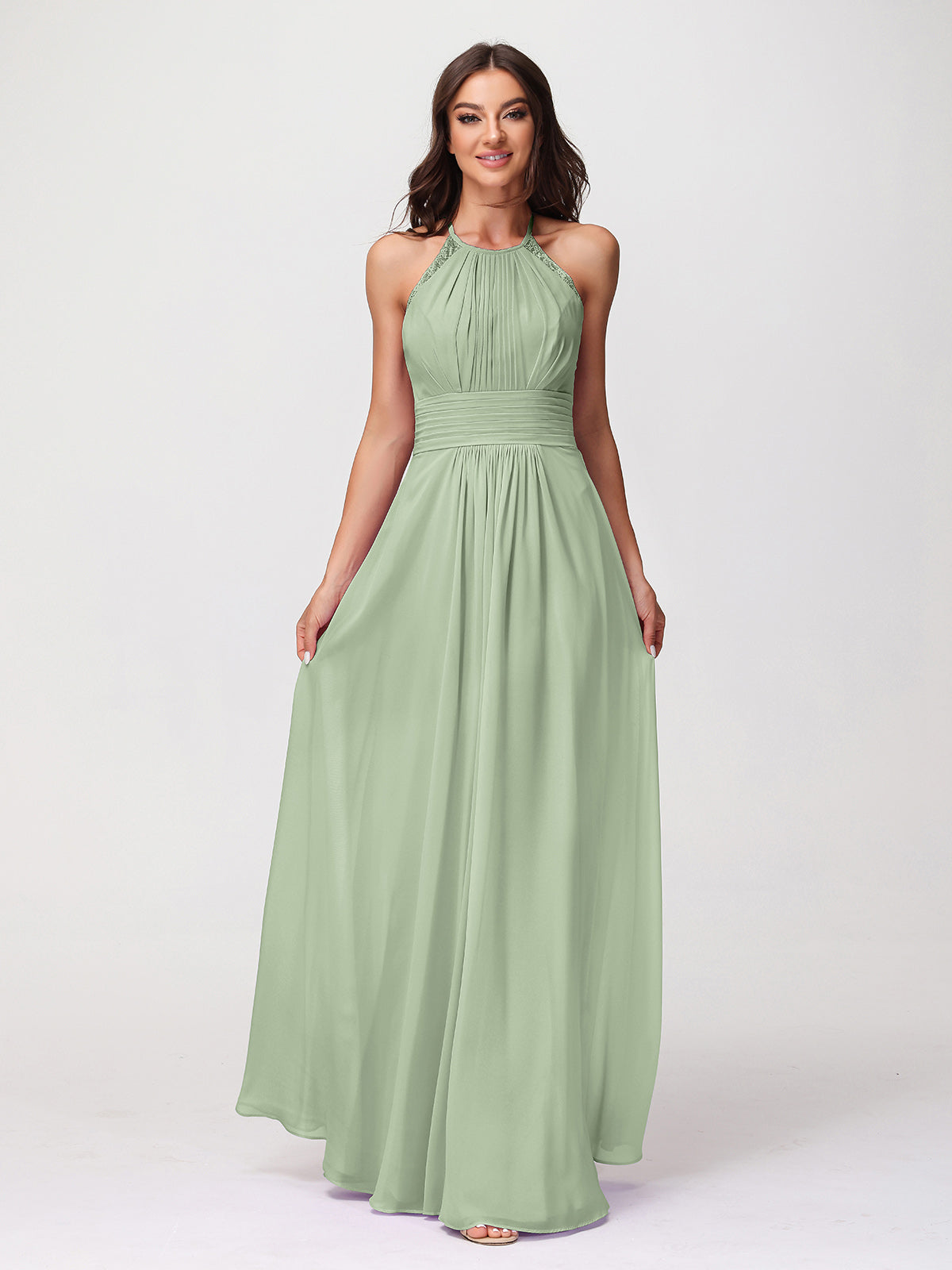 BABARONI Halter Chiffon Long Gown With Lace Strap Dusty Sage, Dusty Sage / US0