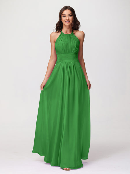 BABARONI Halter Chiffon Long Gown With Lace Strap Green, Green / US0