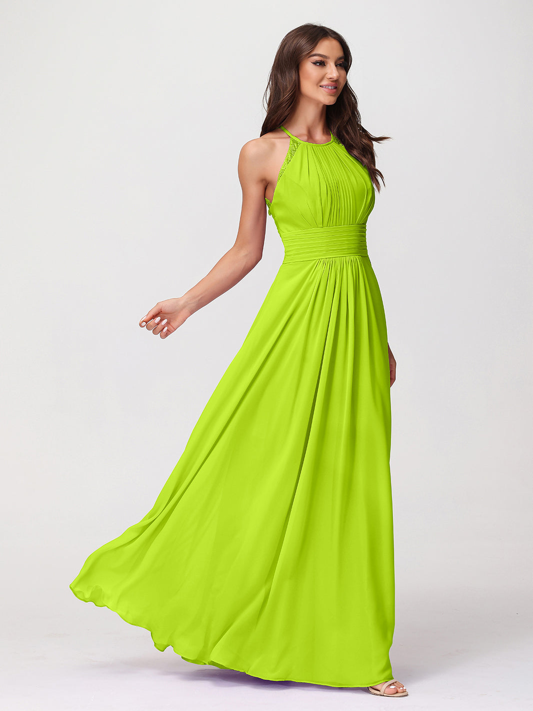 BABARONI Chiffon Lime Green Bridesmaid Dresses Halter Floor-length  Sleeveless Lace A-line