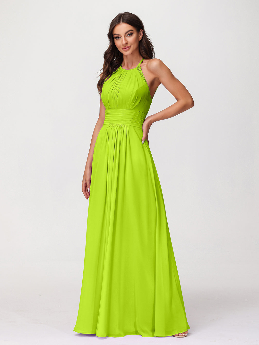 BABARONI Chiffon Lime Green Bridesmaid Dresses Halter Floor-length  Sleeveless Lace A-line