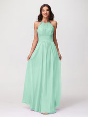 Halter Chiffon Long Gown With Lace Strap Mint Green