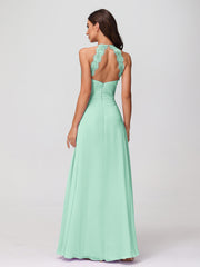Halter Chiffon Long Gown With Lace Strap Mint Green