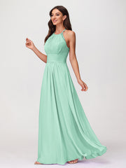 Halter Chiffon Long Gown With Lace Strap Mint Green