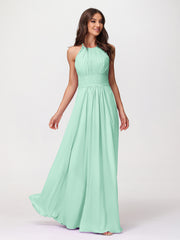 Halter Chiffon Long Gown With Lace Strap Mint Green