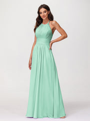 Halter Chiffon Long Gown With Lace Strap Mint Green