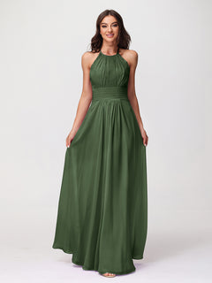 Halter Chiffon Long Gown With Lace Strap Olive Green