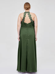 Halter Chiffon Long Gown With Lace Strap Olive Green