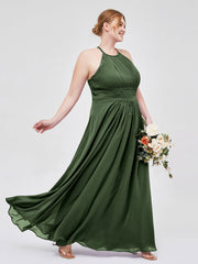 Halter Chiffon Long Gown With Lace Strap Olive Green