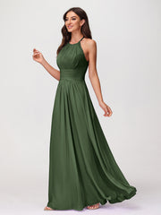 Halter Chiffon Long Gown With Lace Strap Olive Green