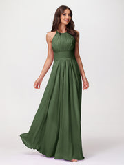Halter Chiffon Long Gown With Lace Strap Olive Green