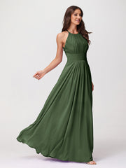Halter Chiffon Long Gown With Lace Strap Olive Green