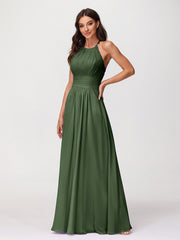 Halter Chiffon Long Gown With Lace Strap Olive Green