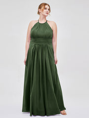 Halter Chiffon Long Gown With Lace Strap Olive Green