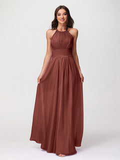 Halter Chiffon Long Gown With Lace Strap Terracotta