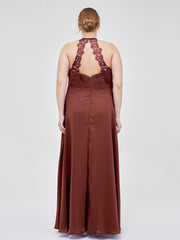Halter Chiffon Long Gown With Lace Strap Terracotta