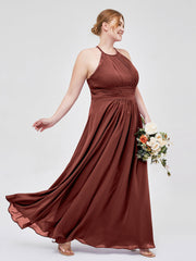 Halter Chiffon Long Gown With Lace Strap Terracotta