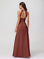 Halter Chiffon Long Gown With Lace Strap Terracotta