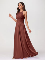 Halter Chiffon Long Gown With Lace Strap Terracotta