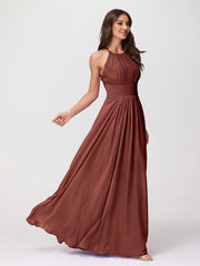 Halter Chiffon Long Gown With Lace Strap Terracotta