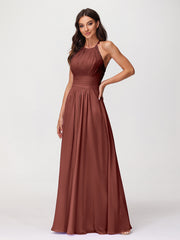 Halter Chiffon Long Gown With Lace Strap Terracotta