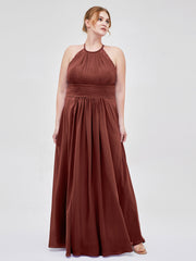 Halter Chiffon Long Gown With Lace Strap Terracotta