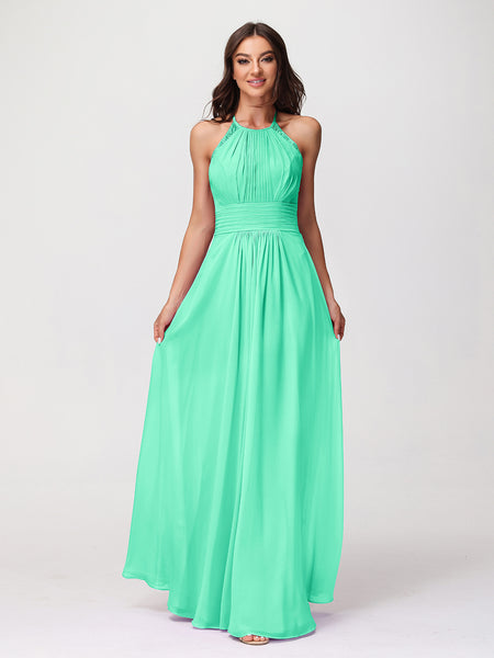 BABARONI Chiffon Turquoise Bridesmaid Dresses Halter Floor-length Sleeveless Lace A-line, Turquoise / US0