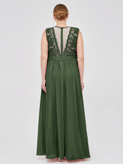 Illusion Neck Chiffon and Lace Dresses Olive Green