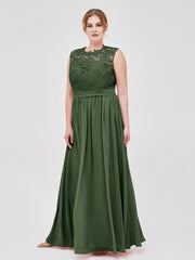 Illusion Neck Chiffon and Lace Dresses Olive Green