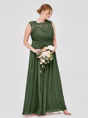 Illusion Neck Chiffon and Lace Dresses Olive Green