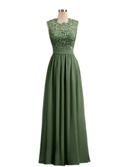 Illusion Neck Chiffon and Lace Dresses Olive Green